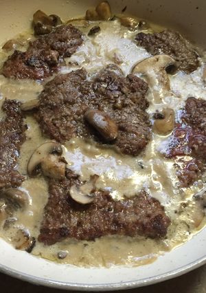 A picture of Country Fried Steak With Mushroom Sauce.