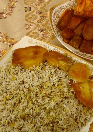 عکسی از دستور پلو گشنیز با خورشت کدو ومرغ