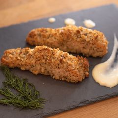 A picture of Grilled salmon with herb breadcrumbs.
