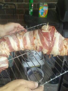 A picture of Smoked bbq bacon wrapped rabbit.