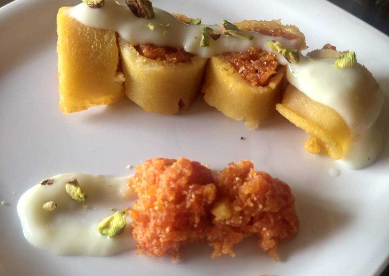 Spiced custard carrot halwa roll