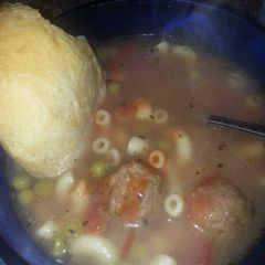 A picture of Italian meatball & pasta soup.