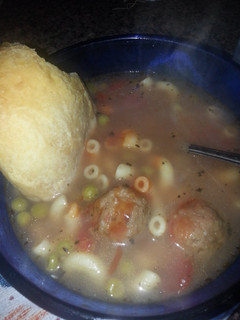 A picture of Italian meatball & pasta soup.