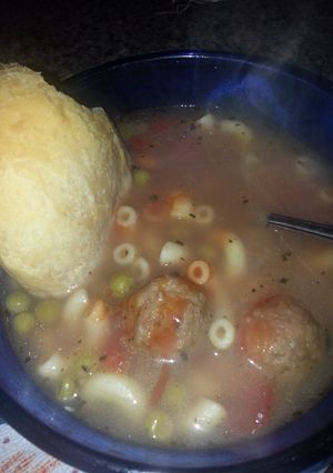 A picture of Italian meatball & pasta soup.