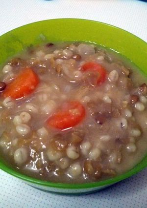 A picture of Hearty Vegan Split-Pea and Lentil Soup.