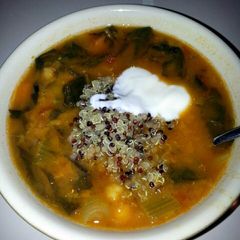 A picture of Red lentil chick pea curry soup.