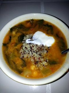 A picture of Red lentil chick pea curry soup.