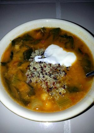 A picture of Red lentil chick pea curry soup.