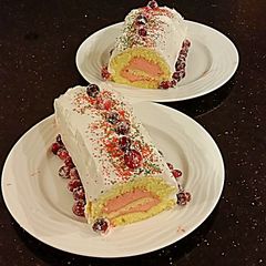 A picture of Vanilla Cake Roll with Cranberry Mousse Filling.