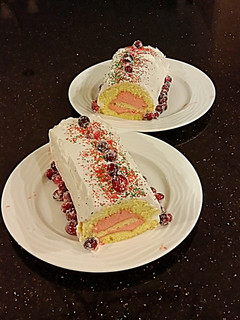 A picture of Vanilla Cake Roll with Cranberry Mousse Filling.