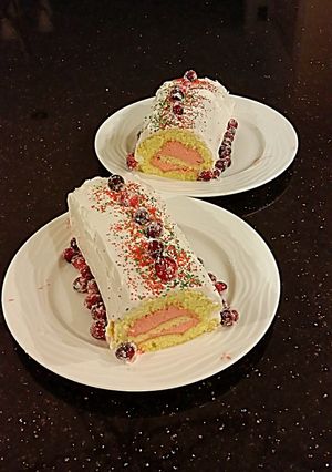 A picture of Vanilla Cake Roll with Cranberry Mousse Filling.