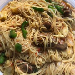 Spaghetti with assorted meat and green pepper #kitchenhuntchallenge A picture of Spaghetti with assorted meat and green pepper #kitchenhuntchallenge.