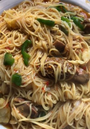 A picture of Spaghetti with assorted meat and green pepper #kitchenhuntchallenge.
