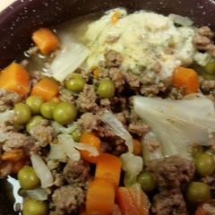 A picture of Vegetable Beef Soup with Egg Dumplings.