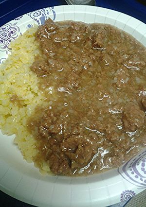 A picture of Meat gravy with cauliflower rice.