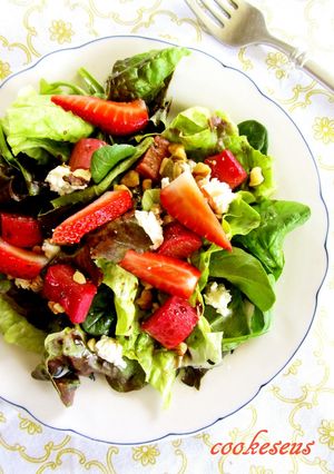 A picture of Rhubarb, Strawberry and Walnut Salad with Balsamic Vinaigrette .