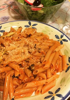 A picture of Meat Sauce With Rice Pasta.