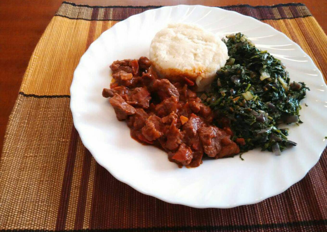 Ugali, Managu(African nightshade) and beef