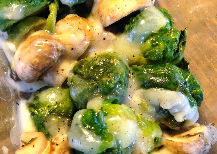 Brussels Sprouts and Mushrooms with Cheese