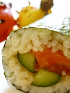 A picture of Ehoumaki: Lucky Fat Sushi Rolls with Marinated Salmon and Cucumber.