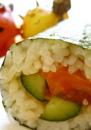 A picture of Ehoumaki: Lucky Fat Sushi Rolls with Marinated Salmon and Cucumber.