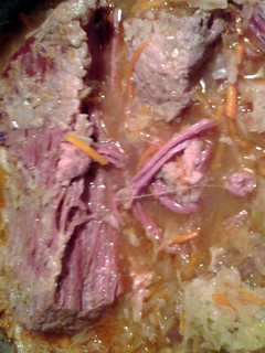A picture of cornbeef and shredded cabbage.
