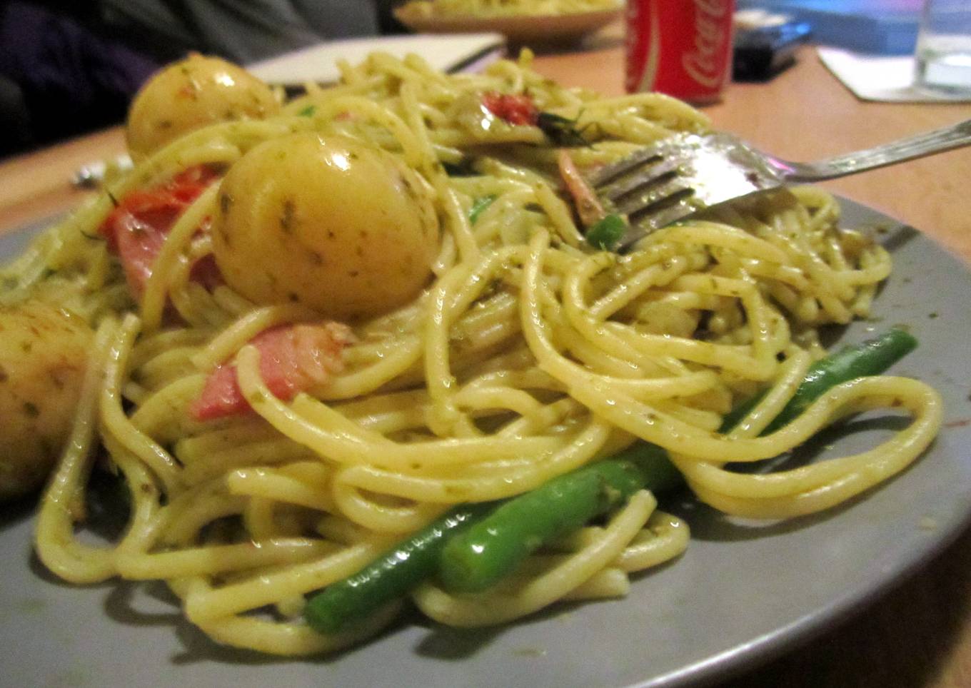 Pesto Pasta, with potatos, green beans, tomatoes and bacon