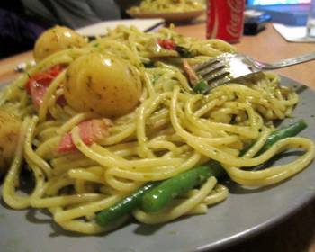 Ultimate Cooking Recipe Pesto Pasta with potatos green beans tomatoes and bacon Most Delicious