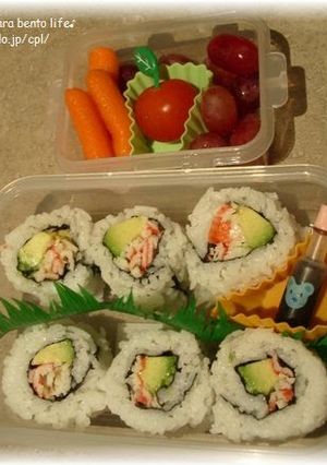 A picture of California Rolls with Imitation Crab Flakes.