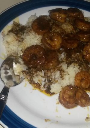 A picture of Jerk Shrimp and Rice.