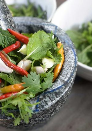 A picture of Pepper Mints and Coriander Spicy Sauce For Seafood or Noodles Rolls.