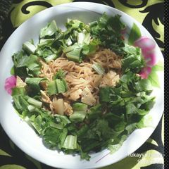 A picture of Noodles with tofu and lettus.