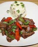 BEEF LIVER WITH PEPPERS, ONIONS AND GARLIC MASHED POTATOES