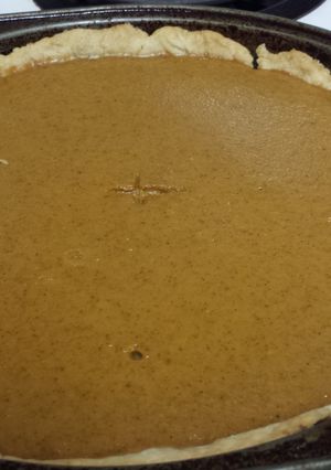 A picture of Homemade pumpkin pie and crust.