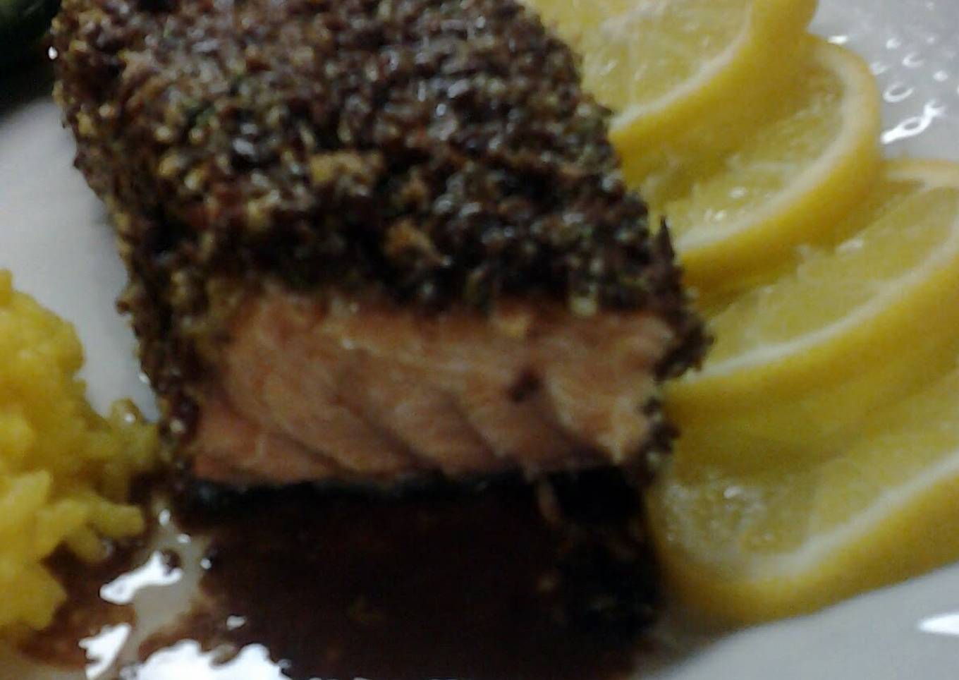 Baked Rosemary, Almond and Flax Seed Encrusted Salmon with French Walnut Vinagrette
