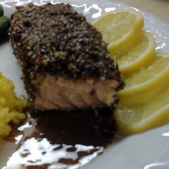 A picture of Baked Rosemary, Almond and Flax Seed Encrusted Salmon with French Walnut Vinagrette.