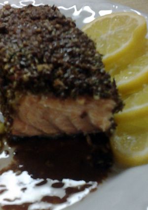 A picture of Baked Rosemary, Almond and Flax Seed Encrusted Salmon with French Walnut Vinagrette.