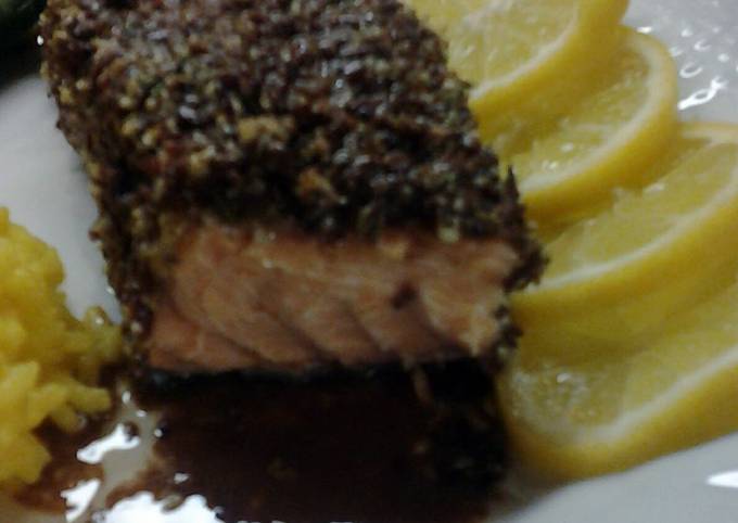 Recipe of Perfect Baked Rosemary, Almond and Flax Seed Encrusted Salmon with French Walnut Vinagrette