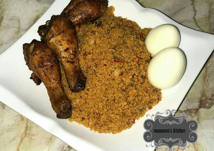 Recipe of Tastefully Jallof cous cous wt grilled chicken drumsticks n boiled eggs