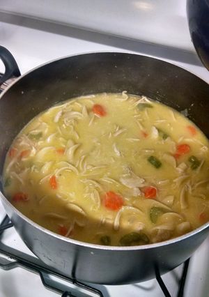 A picture of Mom's Crock Pot Creamy Chicken Noodle Soup (From Carcass).