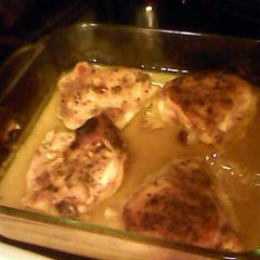 A picture of chicken thighs in wine, and Worcestershire.. .with honey mustard glaze.