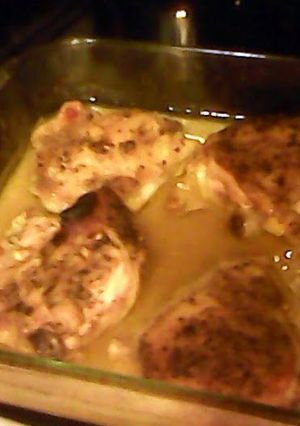 A picture of chicken thighs in wine, and Worcestershire.. .with honey mustard glaze.