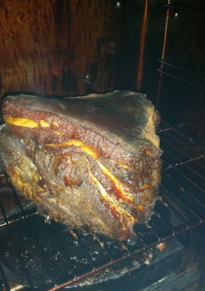 A picture of Smoked pork shoulder(pulled pork).