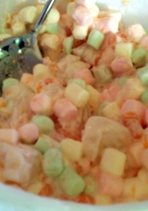 A picture of fruity marshmallow salad.