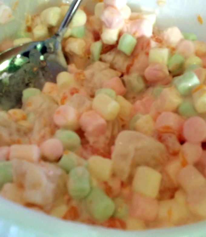 A picture of fruity marshmallow salad.