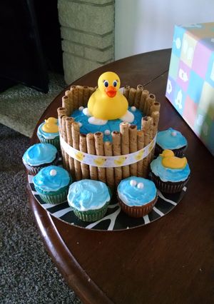 A picture of Duck theme baby shower cake.