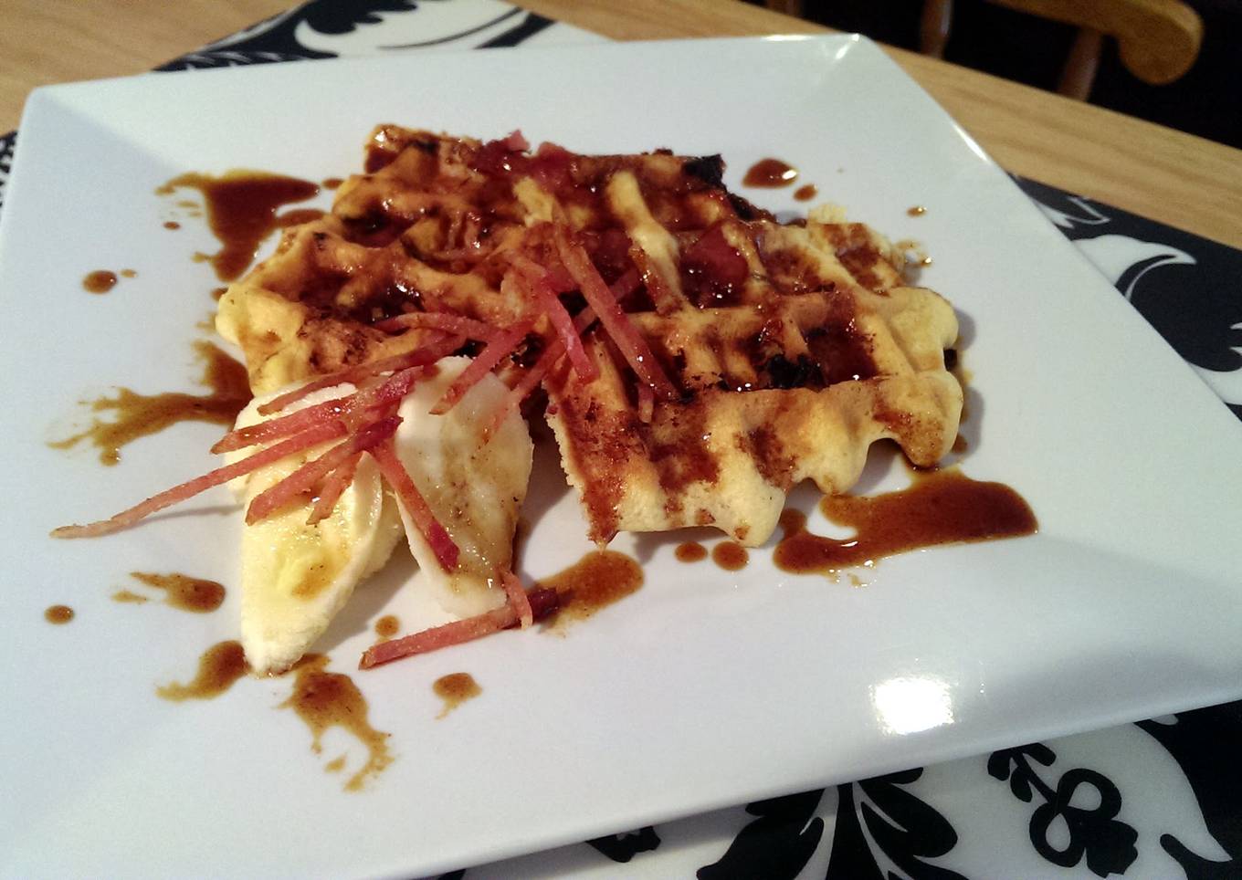 Bacon Banana Beer Gluten Free waffles & Bourbon Brown Butter Caramel Sauce