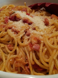 A picture of AMIEs Spaghetti with Cherry tomatoes and Pancetta.