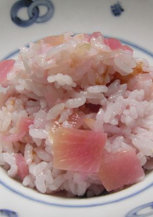 A picture of Cherry Blossom Rice Made with Crimson Daikon Radish Core.