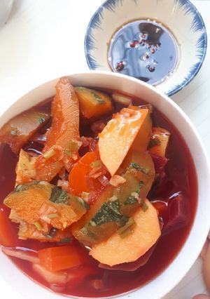 Hình của món Canh rau củ nấu chả lụa chay.